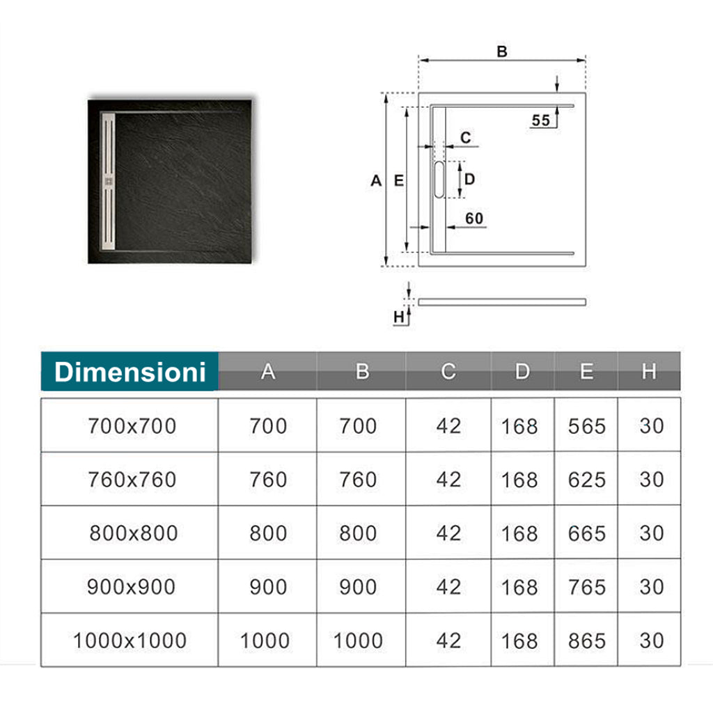 Aica Piatto Doccia Rettangolare/Quadrato In Pietra Vulcanica e Resina Mista Finitura Pietra Nera Ruvida Ultraslim Antiscivolo Antibatterico