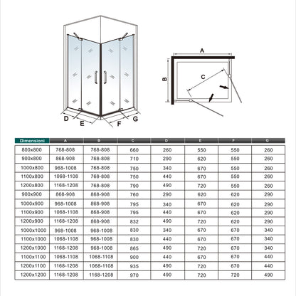 195cm Box Doccia Angolare Doppia Porta Battente in Vetro Temperato 8 mm Anticalcare con 2 Barre Stabilizzatrici Telaio Nero Opaco