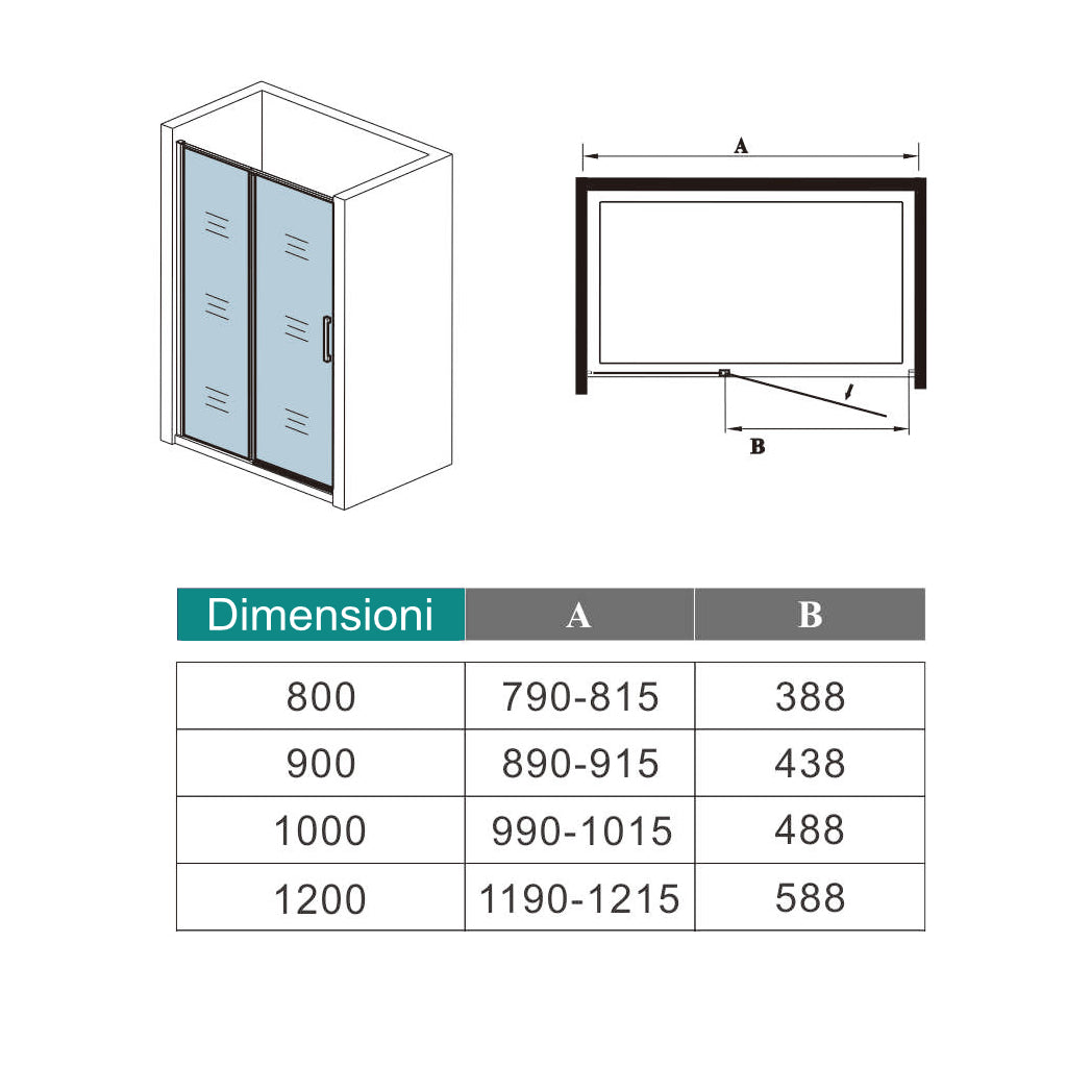 Aica 185 cm Box Doccia per Nicchia Porta Battente Verso Esterno in Vetro Temperato Trasparente Anticalcare 6 mm Profilo Nero Opaco
