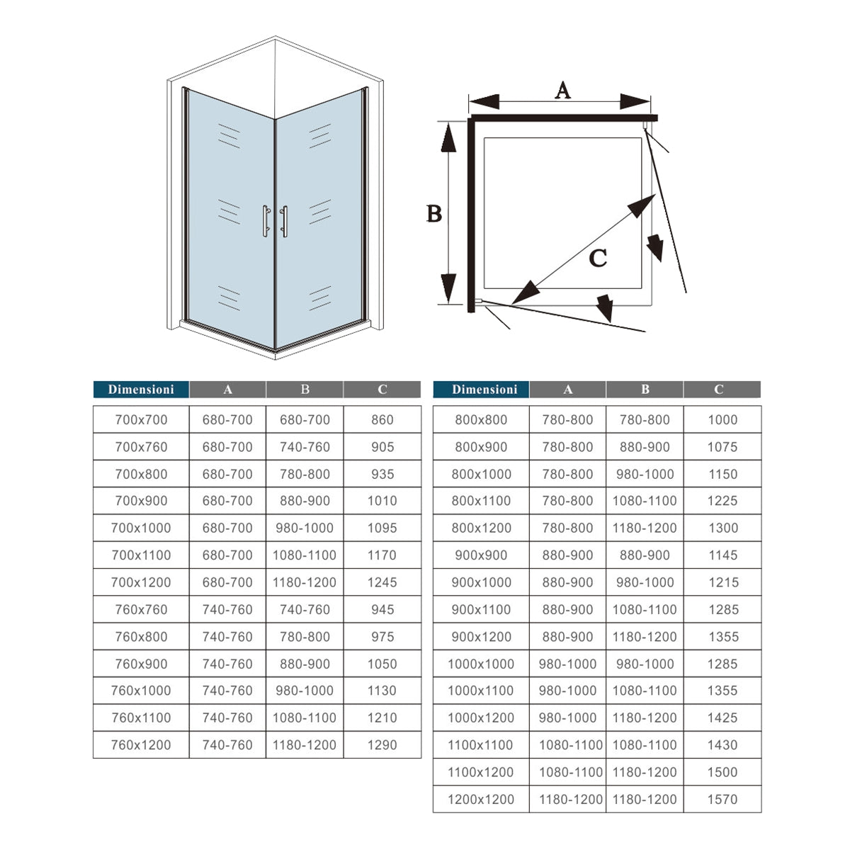 Aica 190 cm Box Doccia Angolare Doppia Porta Apertura Totale a Battente Vetro Temperato Trasparente Anticalcare