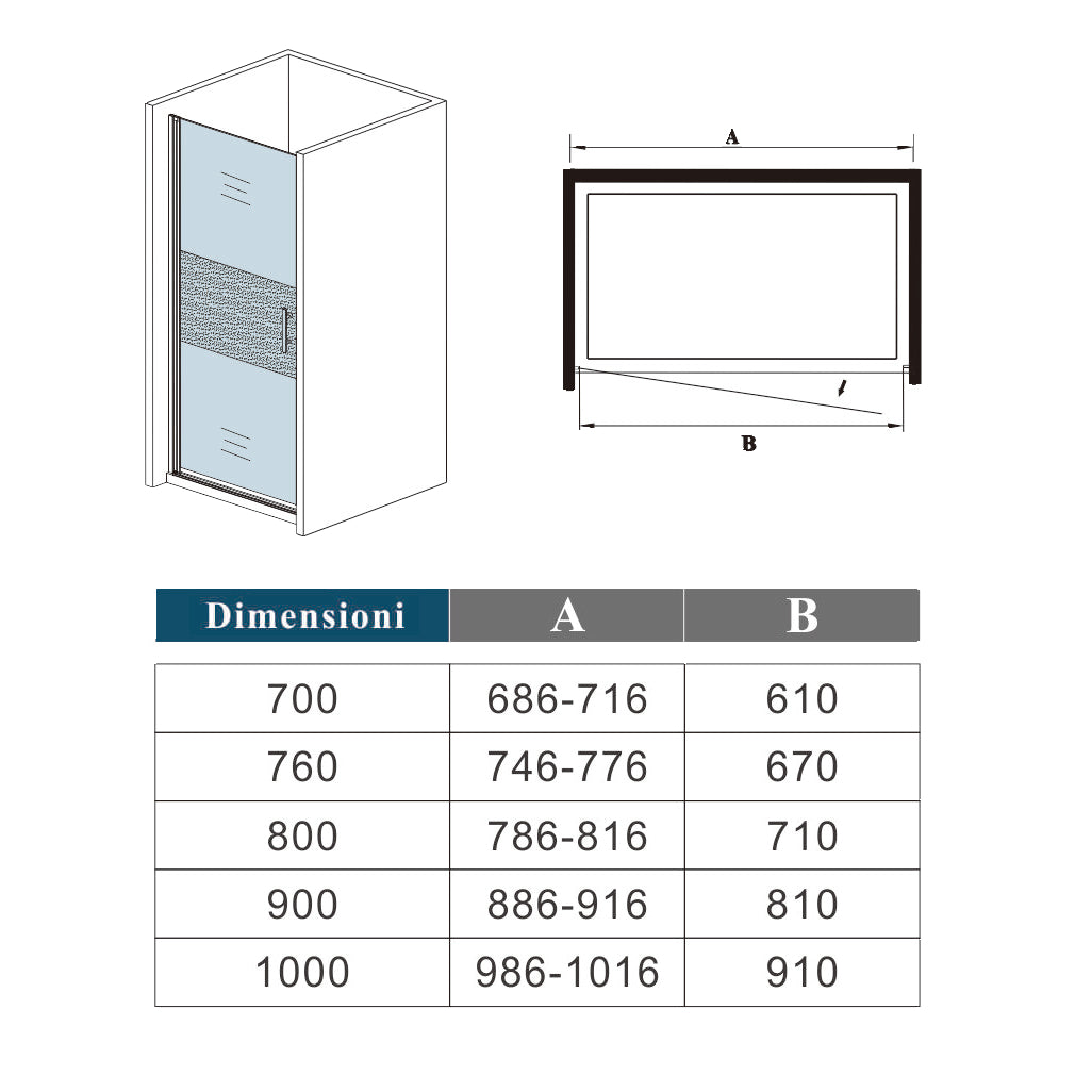 Aica 185 cm Box Doccia Per Nicchia Porta Battente Vetro Temperato 6 mm Trasparente Anticalcare Fascia Satinata-Opaca
