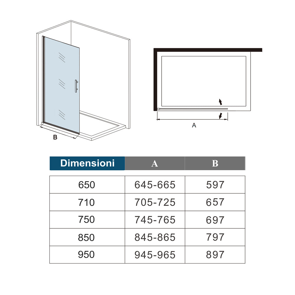 WALK IN Parete Doccia Movibile Girevole Verso Interno e Esterno 195cm in Vetro 6mm Temperato Anticalcare Satinato Opaco Telaio Cromato Lucido