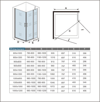 Aica 195 cm Box Doccia Angolare Doppia Porta Battente in Vetro 6 mm Temperato Anticalcare Trasparente Barra Stabilizzatrice e Telaio Cromo Lucido