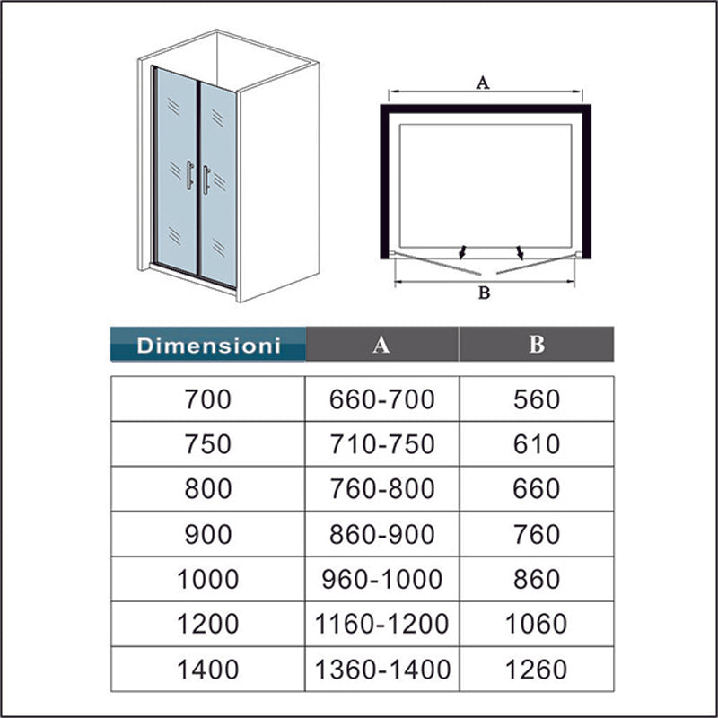 Aica 185cm Box Doccia Per Nicchia Doppia Porta Battente-Saloon In Vetro 6mm Temperato Trasparente Anticalcare