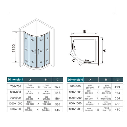 AICA 185 cm Box Doccia Semicircolare Porte Scorrevoli Vetro Temperato 6 mm Trasparente Anticalcare Telaio Cromato Lucido