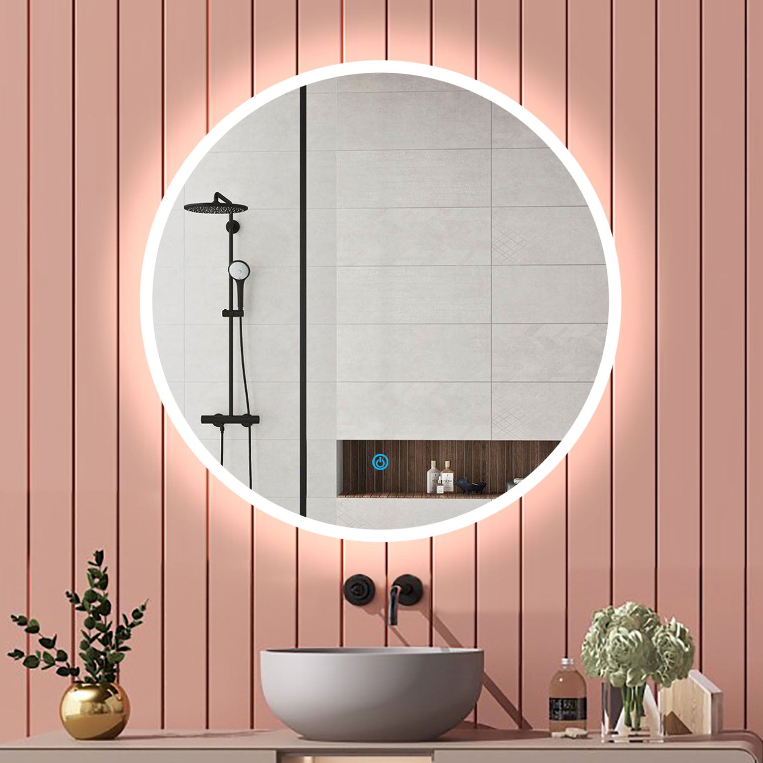 Aica Specchio da bagno rotondo da parete con LED , Anti-appannamento, Luce Bianca Fredda 6000K, Tocco Intelligente, Retroilluminato