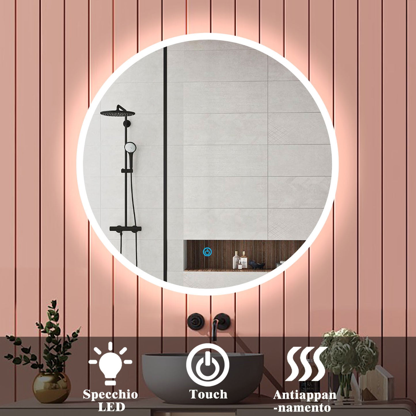 Aica Specchio da bagno rotondo da parete con LED , Anti-appannamento, Luce Bianca Fredda 6000K, Tocco Intelligente, Retroilluminato