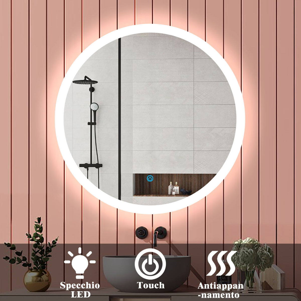 Aica Specchio da bagno rotondo da parete con LED , Anti-appannamento, Luce Bianca Fredda 6000K, Tocco Intelligente, Retroilluminato Cerchio di luce grassa sul bordo