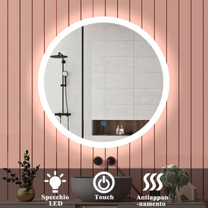 Aica Specchio da bagno rotondo da parete con LED , Anti-appannamento, Luce Bianca Fredda 6000K, Tocco Intelligente, Retroilluminato