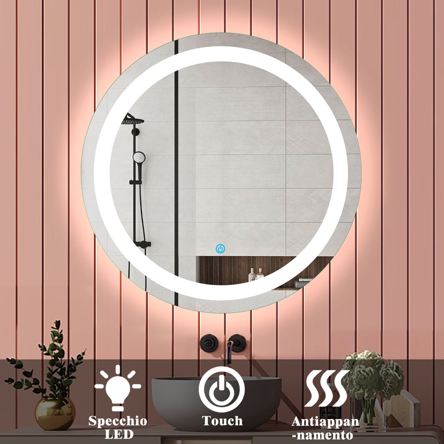 Aica Specchio da bagno rotondo da parete con LED , Anti-appannamento, Luce Bianca Fredda 6000K, Tocco Intelligente, Retroilluminato