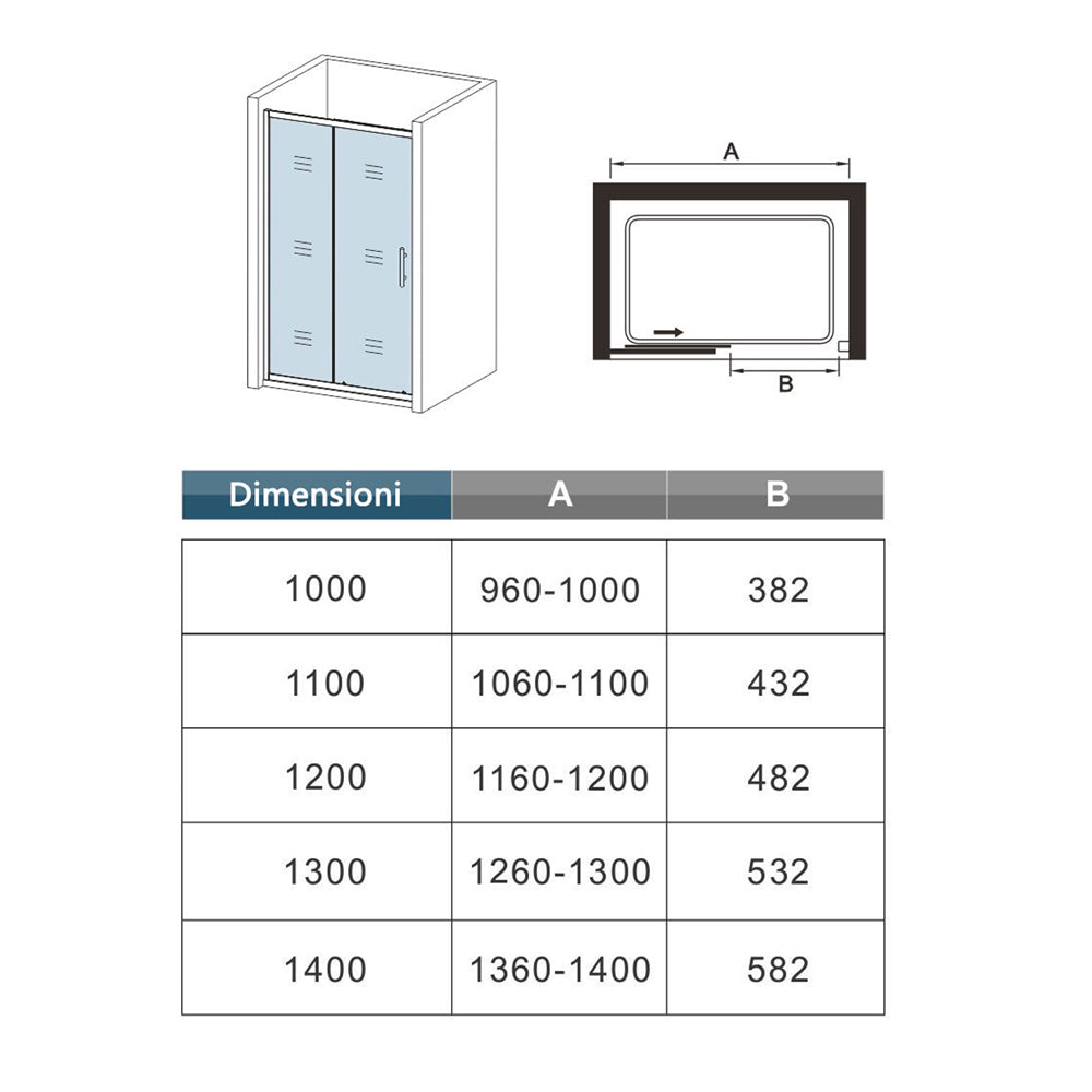 185cm Box Doccia Per Nicchia Porta Scorrevole Ingresso Laterale in Vetro 5mm Temperato Trasparente Profilo Nero Opaco