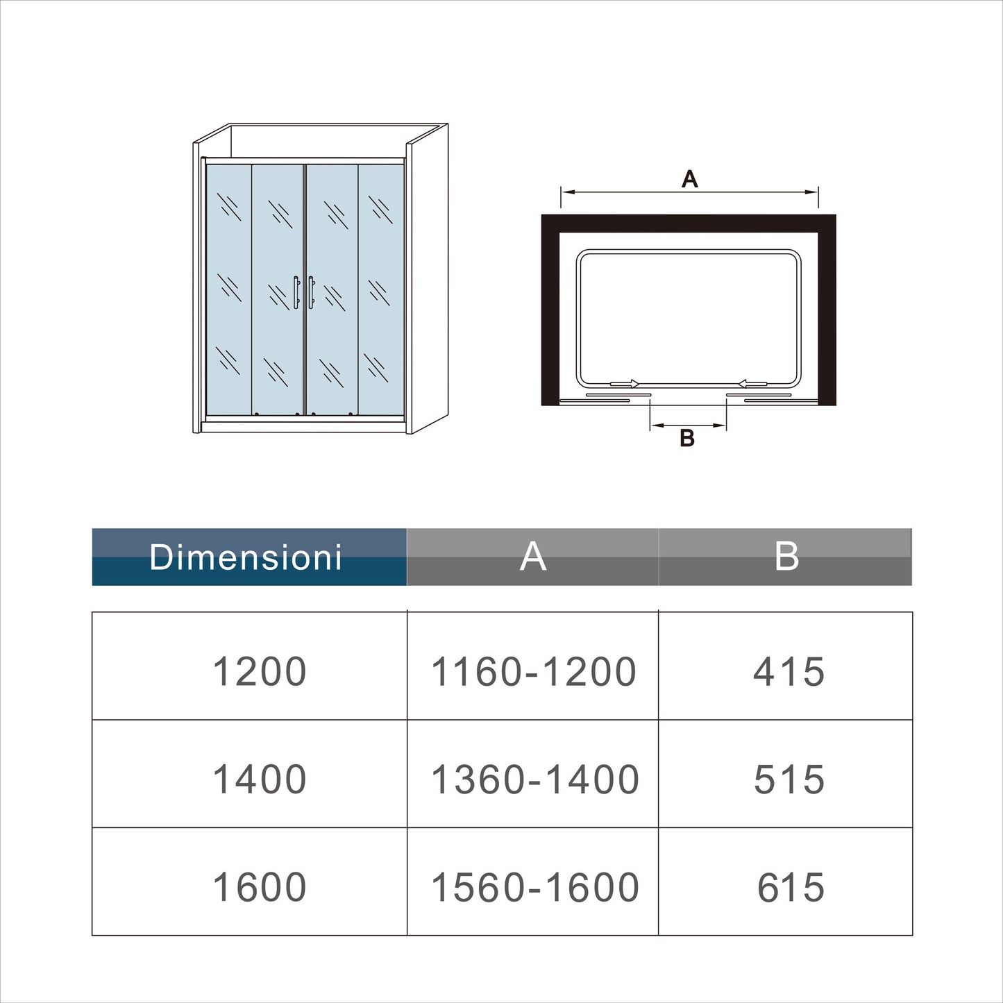Aica 190 cm Porta Doccia Per Nicchia Doppie Ante Scorrevoli Ingresso Centrale In Vetro 5mm Temperato Trasparente