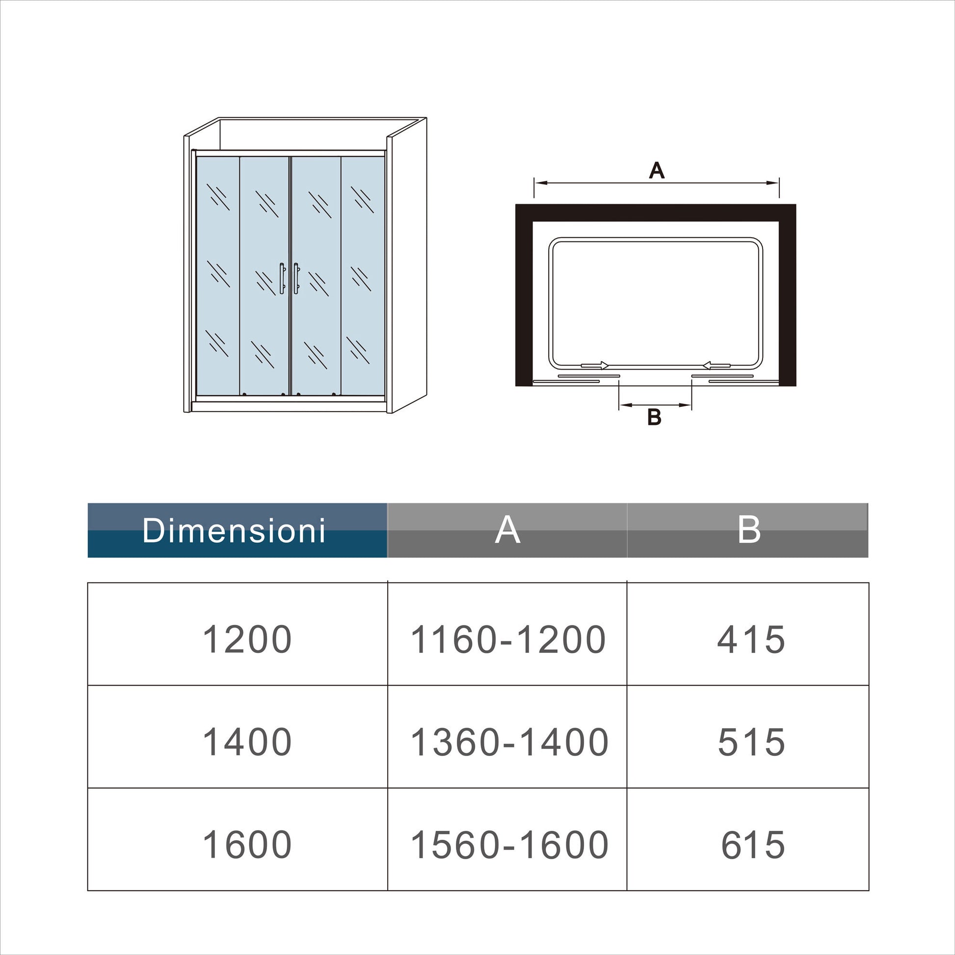 Aica 190 cm Porta Doccia Per Nicchia Doppie Ante Scorrevoli Ingresso Centrale In Vetro 5mm Temperato Trasparente