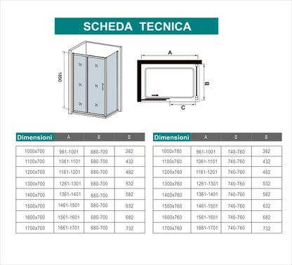 Aica 185 cm Box Doccia Angolare Porta Scorrevole con Parete Fissa Vetro Temperato 5 mm Trasparente Telaio Cromato Lucido