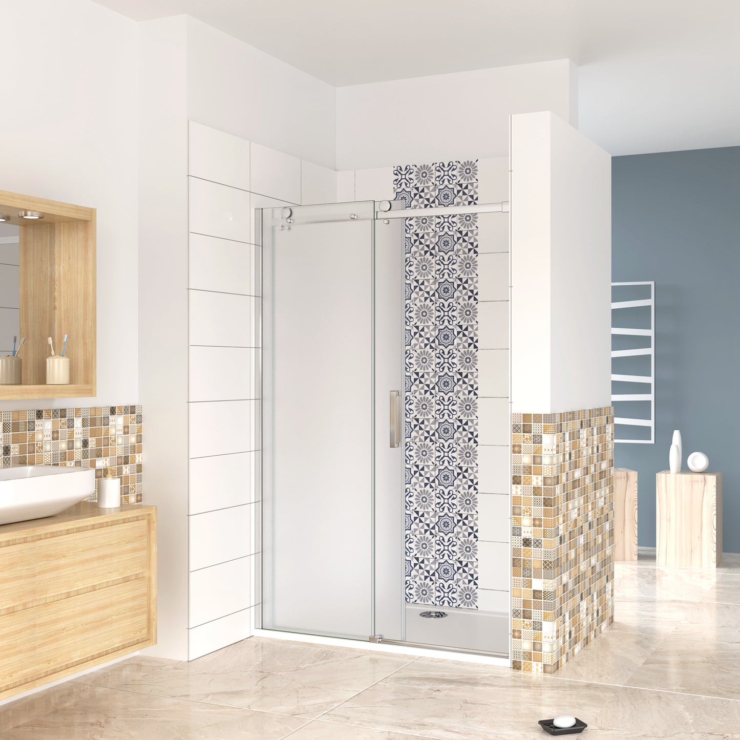 Aica 195 cm Box Doccia Per Nicchia Porta Scorrevole Ingresso Destro Vetro 8 mm Temperato Anticalcare Satinato Opaco