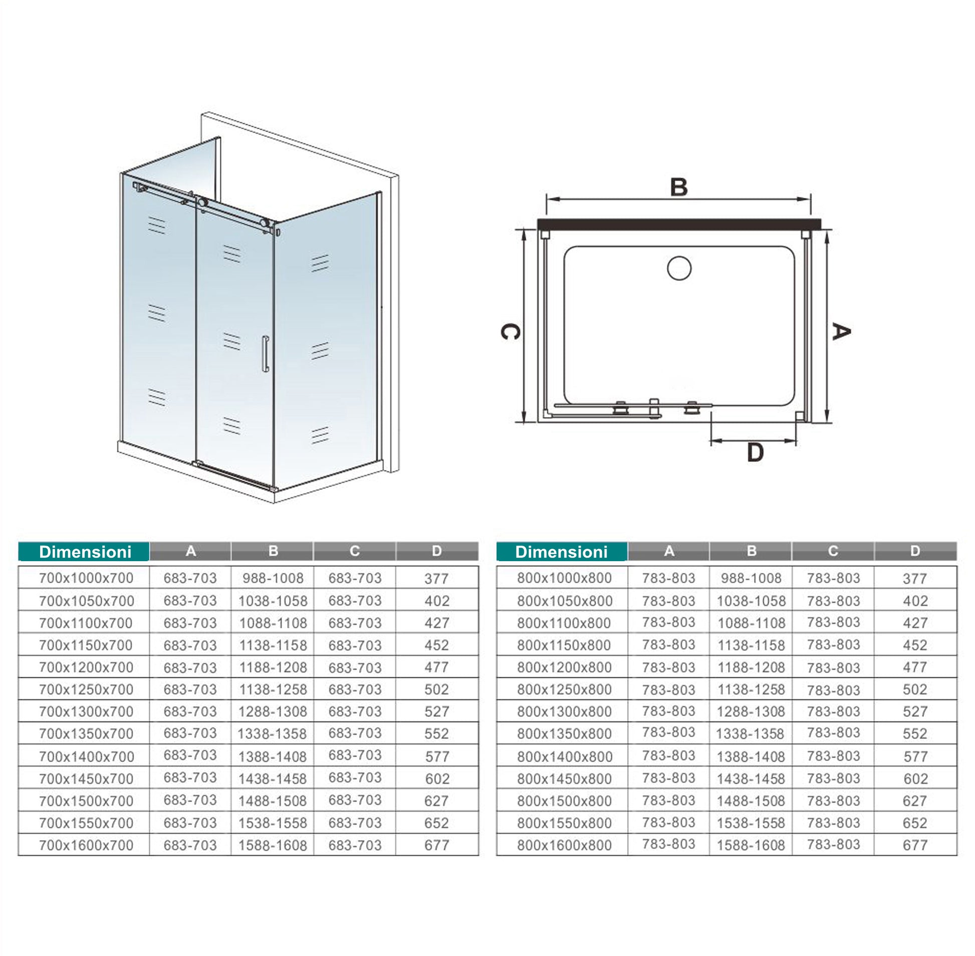 Aica 195 cm Box Doccia a Tre Lati Porta Scorrevole con Doppia Parete Laterale Vetro 8 mm Temperato Trasparente Anticalcare Telaio Cromato Lucido