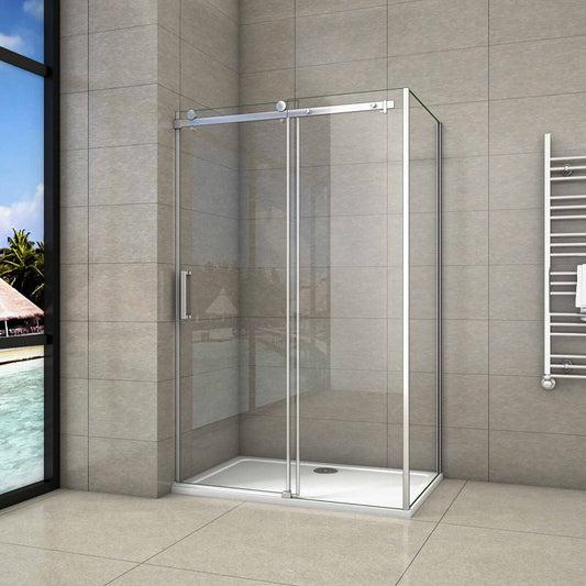 Aica 195 cm Box Doccia Angolare Porta Scorrevole con Parete Laterale Vetro 8 mm Temperato Trasparente Anticalcare Telaio Cromato Lucido