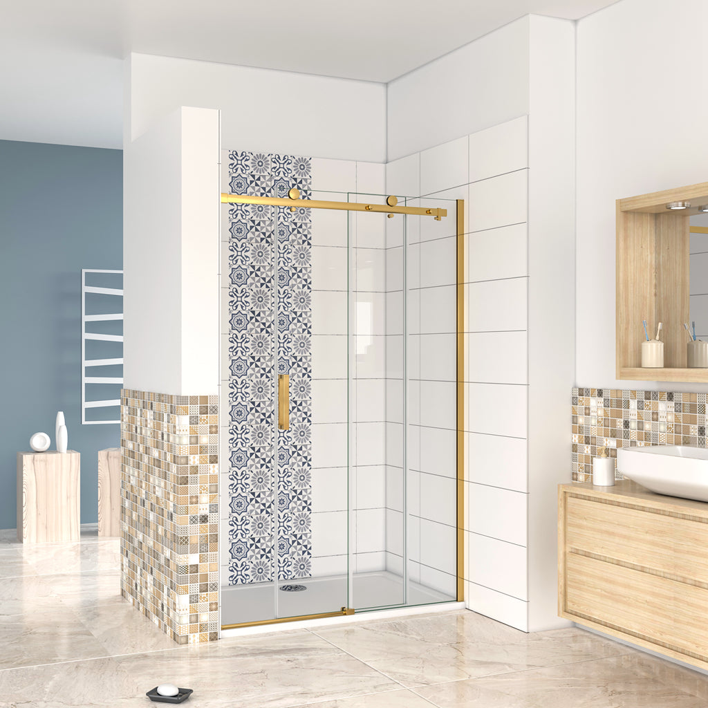 Aica 195 cm Box Doccia Per Nicchia Porta Scorrevole Vetro 8mm Temperato Trasparente Anticalcare Telaio Cromato Lucido Finitura Oro
