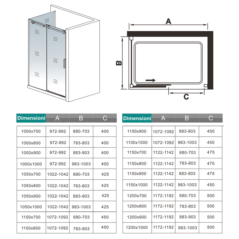 Aica 195 cm Box Doccia Angolare Porta Scorrevole con Parete Laterale Vetro 8 mm Temperato Trasparente Anticalcare Telaio Cromato Lucido