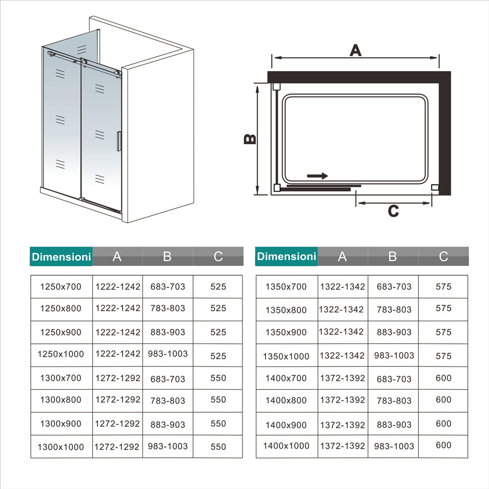 Aica 195 cm Box Doccia Angolare Porta Scorrevole con Parete Laterale Vetro 8 mm Temperato Trasparente Anticalcare Telaio Cromato Lucido