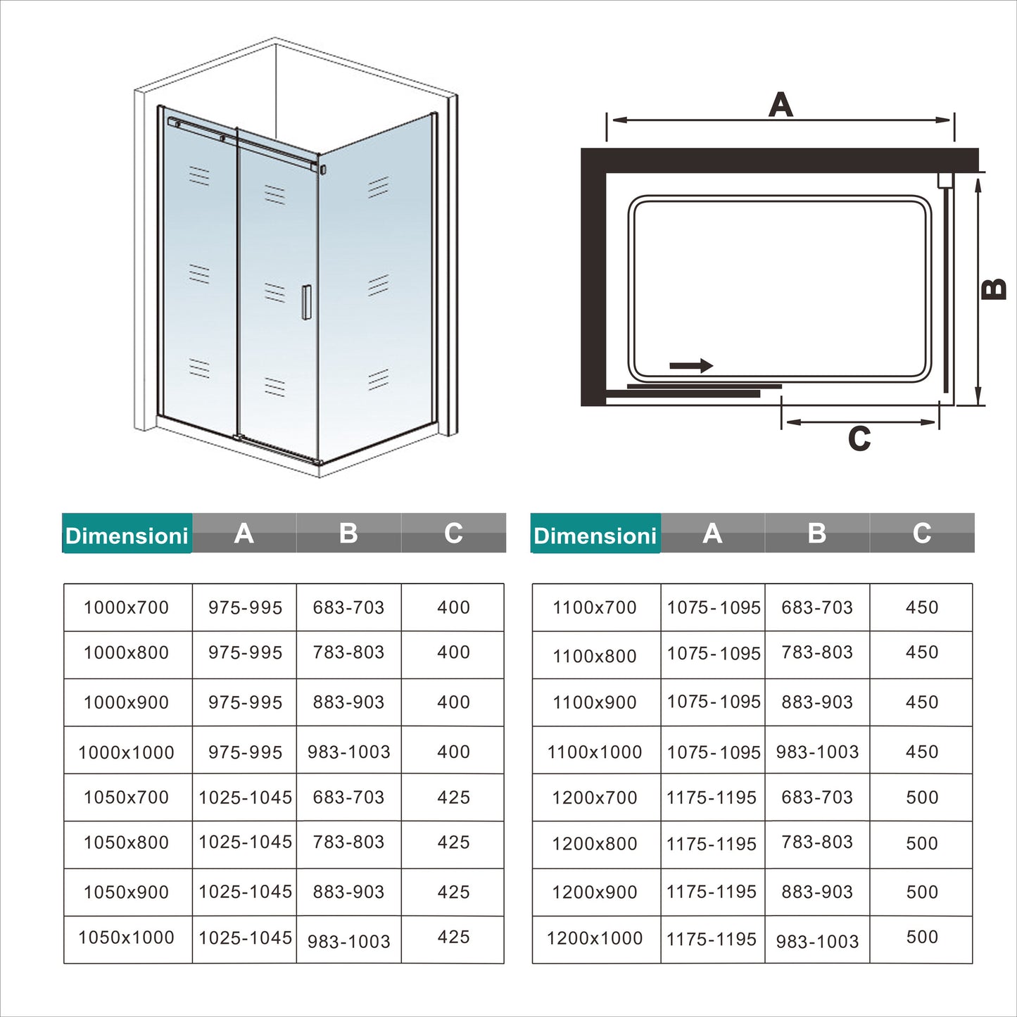 Aica 195cm Box Doccia Angolare Porta Scorrevole Vetro 8mm Temperato Anticalcare Trasparente Telaio Cromato Lucido varie dimensioni