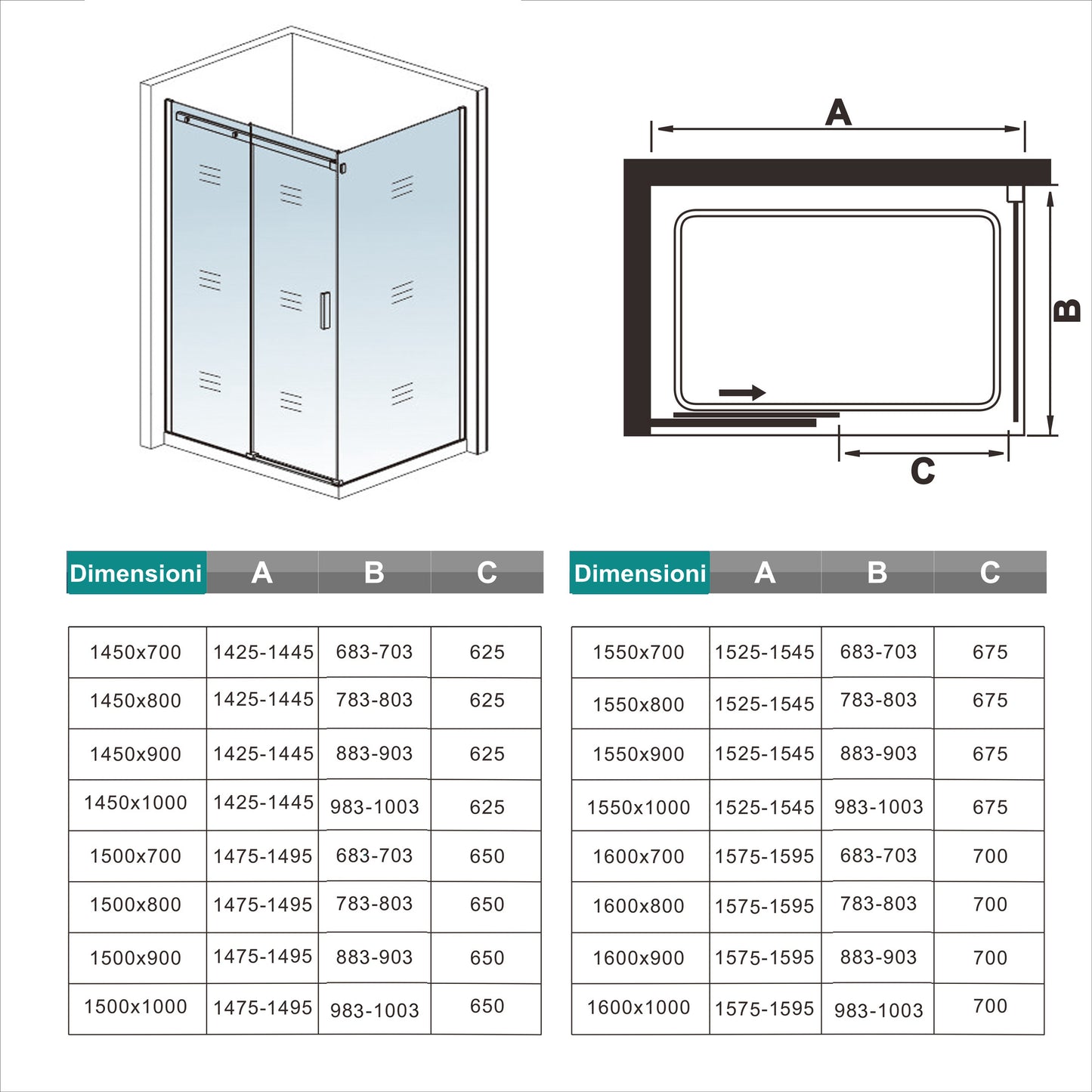 Aica 195cm Box Doccia Angolare Porta Scorrevole Vetro 8mm Temperato Anticalcare Trasparente Telaio Cromato Lucido varie dimensioni