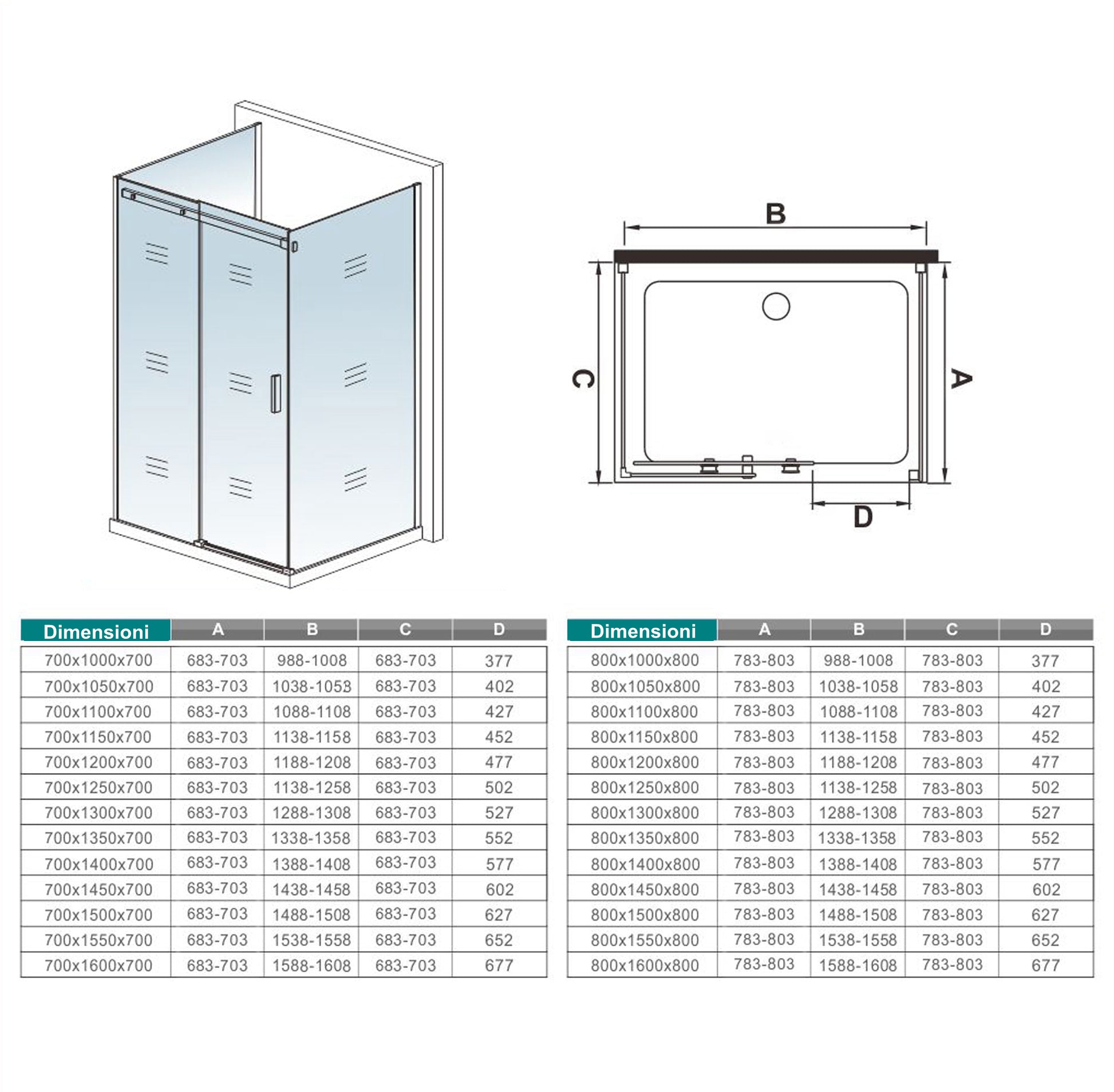 Aica 195 cm Box Doccia a Tre Lati Porta Scorrevole con 2 Pareti Laterali Vetro 8 mm Temperato Trasparente Anticalcare Telaio Cromato Lucido