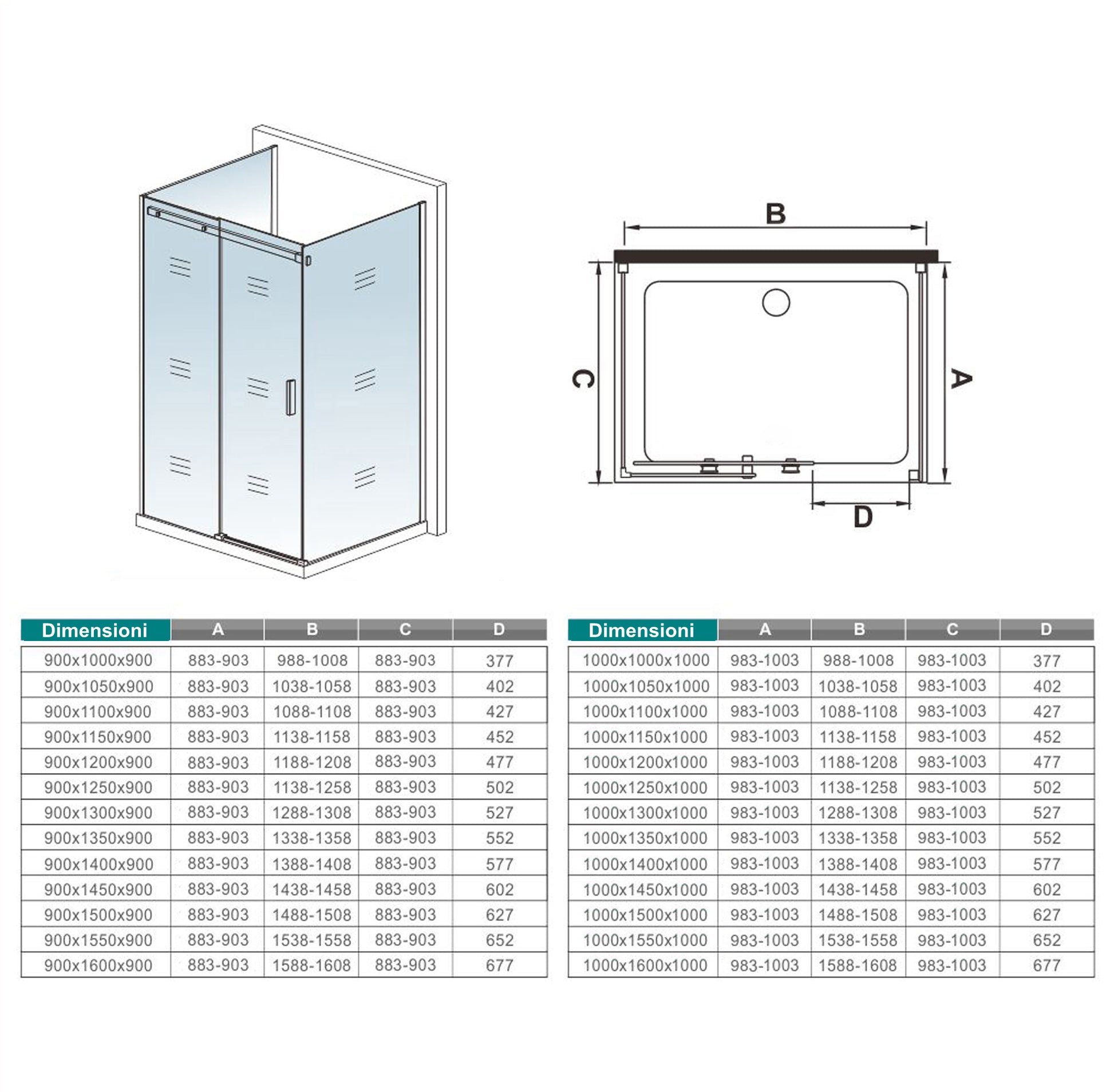 Aica 195 cm Box Doccia a Tre Lati Porta Scorrevole con 2 Pareti Laterali Vetro 8 mm Temperato Trasparente Anticalcare Telaio Cromato Lucido