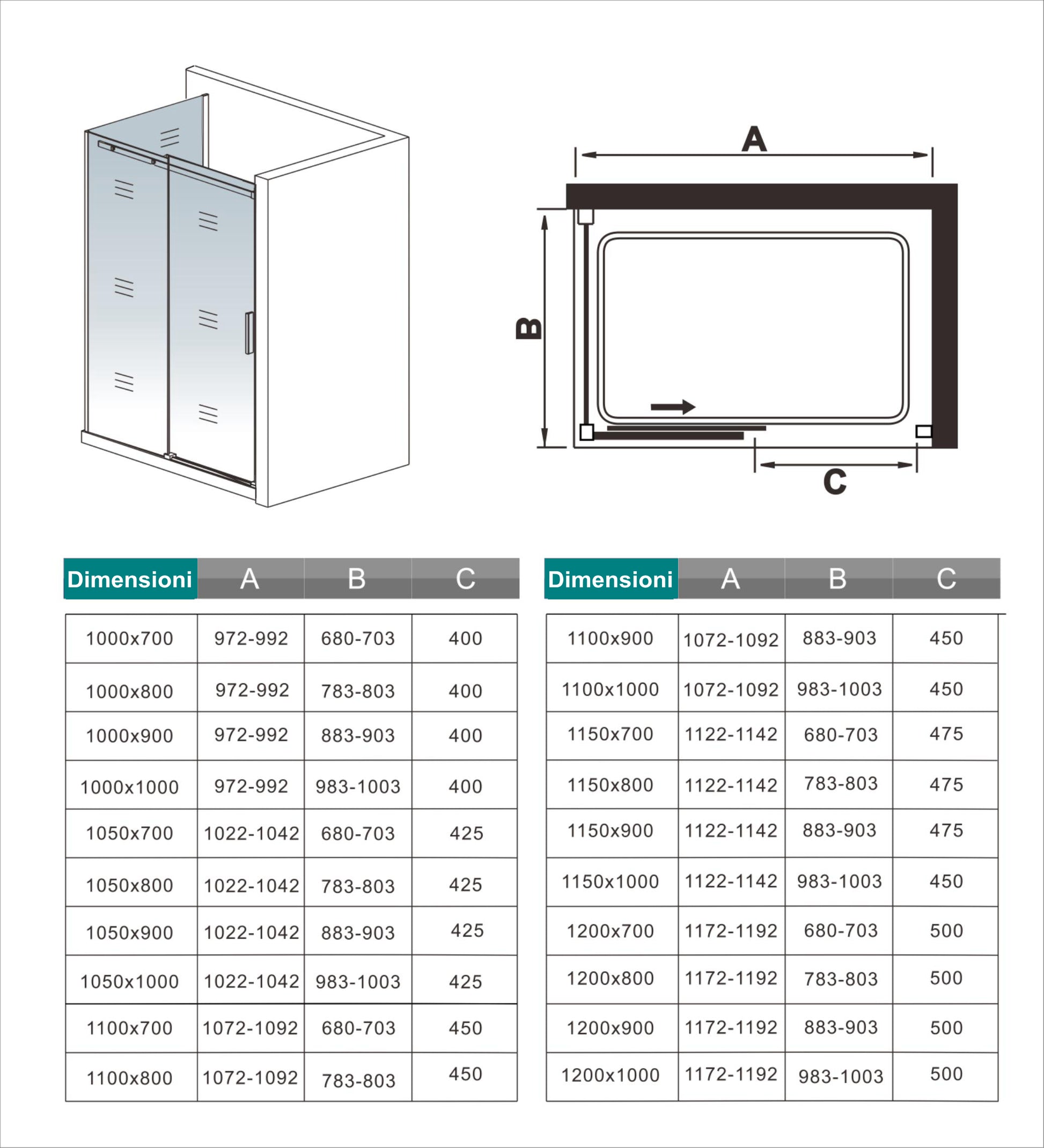 Aica 195 cm Box Doccia Angolare Porta Scorrevole con Parete Fissa Vetro 8 mm Temperato Anticalcare Telaio in Alluminio Cromato Lucido