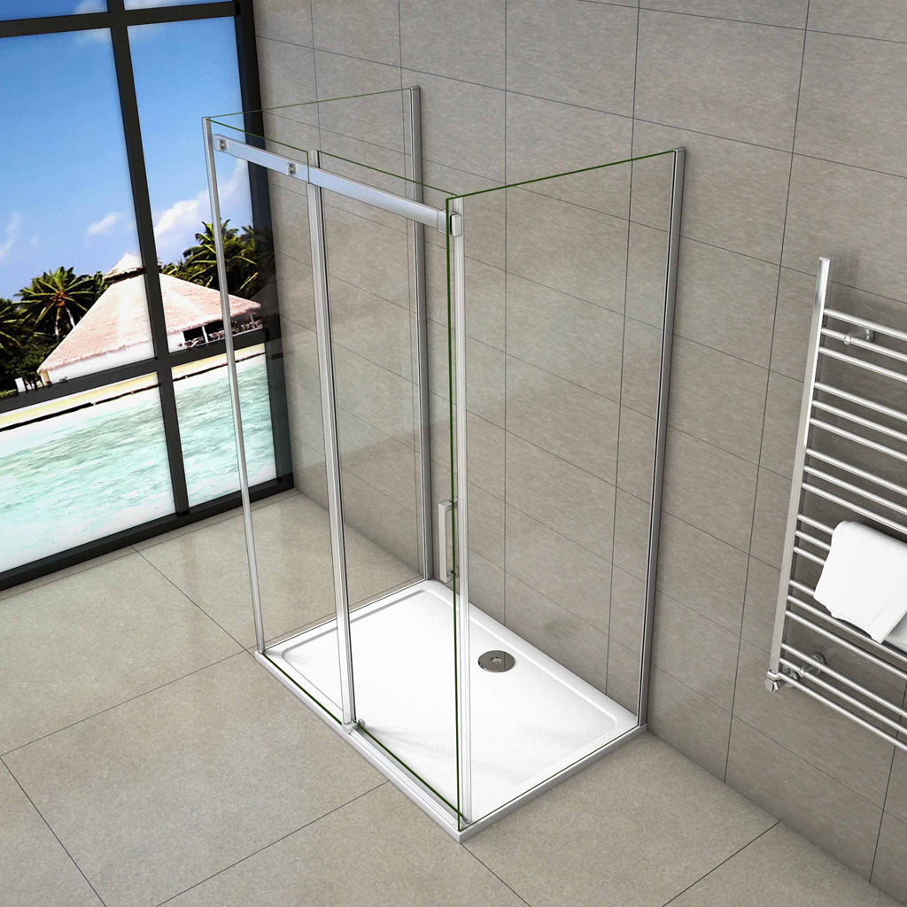 Aica 195 cm Box Doccia a Tre Lati Porta Scorrevole con 2 Pareti Laterali Vetro 8 mm Temperato Trasparente Anticalcare Telaio Cromato Lucido