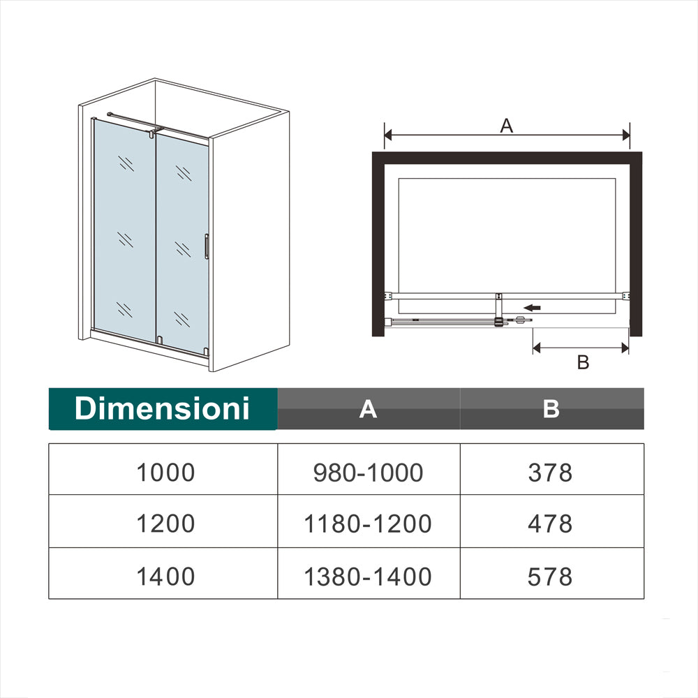 Aica 195 cm Porta Doccia Per Nicchia Anta Scorrevole in Vetro 8 mm Temperato Trasparente Anticalcare Rinforzata da Barra Stabilizzatrice