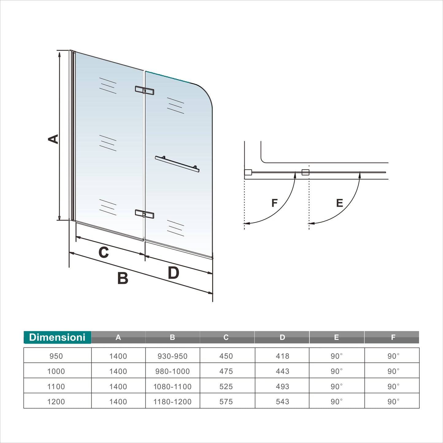 Aica 140 cm Sopravasca Parete Vasca da Bagno Due Ante Movibili con Maniglia Portasciugamani Vetro 6 mm Temperato Anticalcare