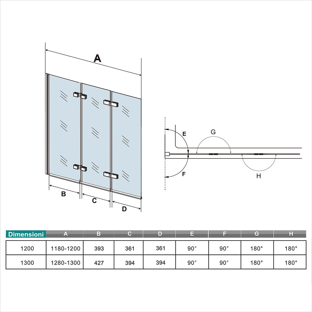 H.140cm Parete Doccia Per Vasca 130 cm 3 Ante Movibili Pieghevoli a Libro in Vetro Temperato 6mm Trasparente Anticalcare Telaio Cromo Lucido