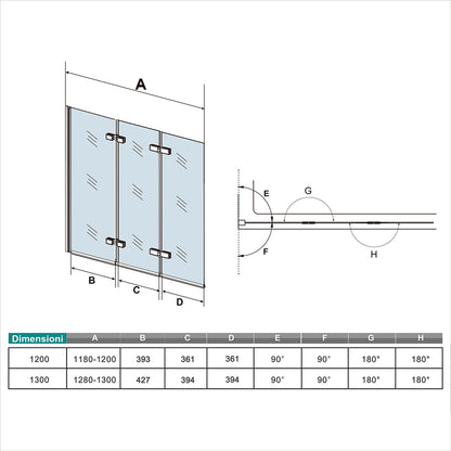 H.140cm Parete Doccia Per Vasca 130 cm 3 Ante Movibili Pieghevoli a Libro in Vetro Temperato 6mm Trasparente Anticalcare Telaio Cromo Lucido