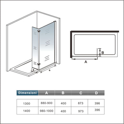 Box doccia walk-in Aica altezza 200 cm a parete in vetro temperato trasparente anticalcare removibile con barra stabilizzatrice da 45 cm o senza barra di supporto
