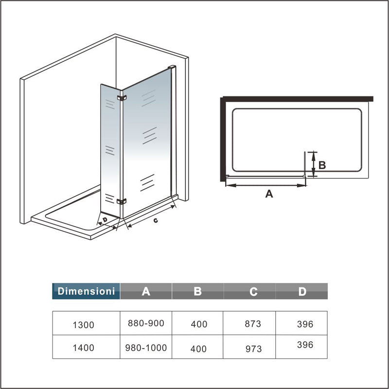 Parete doccia walk-in alta 200 cm con pannello rimovibile da 40 cm, barra stabilizzatrice in vetro temperato trasparente anticalcare da 8 mm o senza barra stabilizzatrice