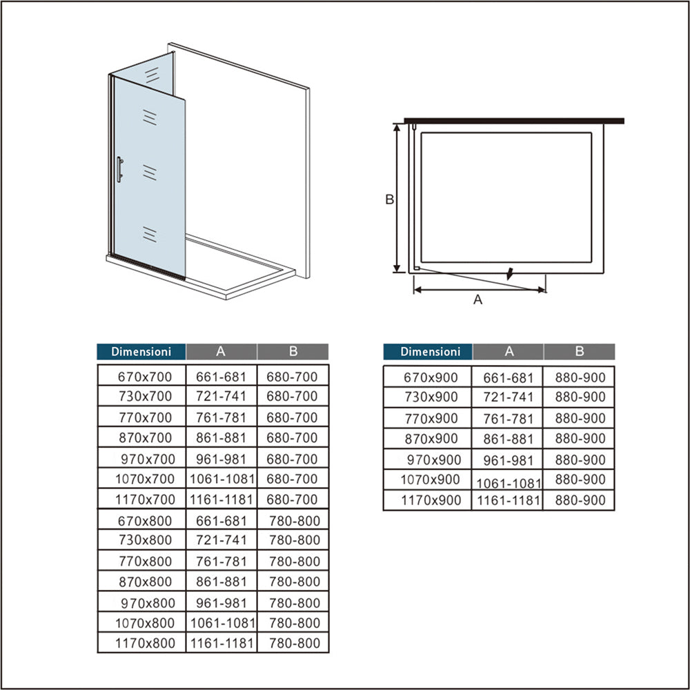 Aica Box Doccia Walk In + Parete Fissa 185cm Vetro da 6mm Temperato Anticalcare Barra Stabilizzatrice 45cm Cromo Lucido