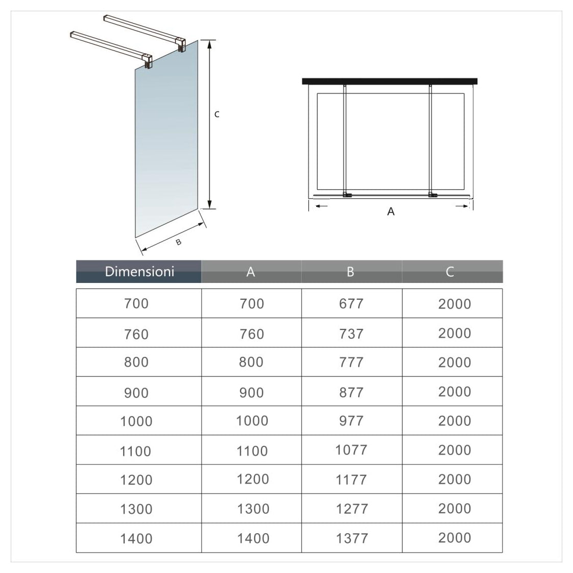 Aica 200 cm Parete Per Doccia Walk In Vetro 8mm Temperato Trasparente Anticalcare con Doppia Barra Stabilizzatrice