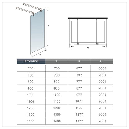 Aica 200 cm Parete Per Doccia Walk In Vetro 8mm Temperato Trasparente Anticalcare con Doppia Barra Stabilizzatrice