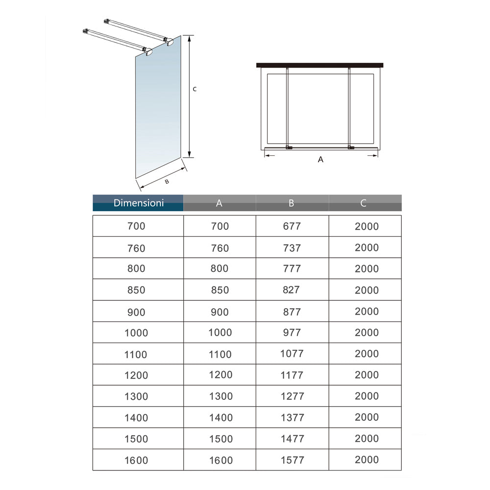 Box Doccia Walk In Parete Fissa in Vetro Temperato da 10mm Trasparente Anticalcare con Doppia Barra Stabilizzatrice da 90cm snodabile e tagliabile