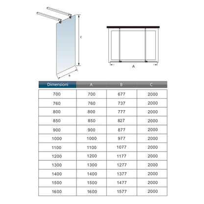 Box Doccia Walk In Parete Fissa in Vetro Temperato da 10mm Trasparente Anticalcare con Doppia Barra Stabilizzatrice da 140cm tagliabile