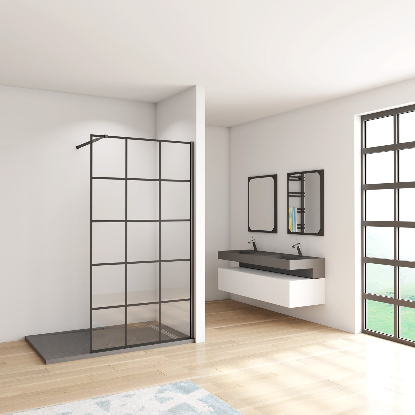 Aica Walk In Box Doccia Parete Fissa in Vetro Temperato 8 mm Anticalcare Serigrafato Nero con Riquadri Barra Stabilizzatrice Telaio Nero Opaco 100x200 Modello 1 -Lunga 73-120 cm Regolabile