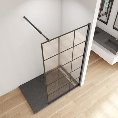 Aica Walk In Box Doccia Parete Fissa in Vetro Temperato 8 mm Anticalcare Serigrafato Nero con Riquadri Barra Stabilizzatrice Telaio Nero Opaco 110x200 Modello 1 -Lunga 73-120 cm Regolabile