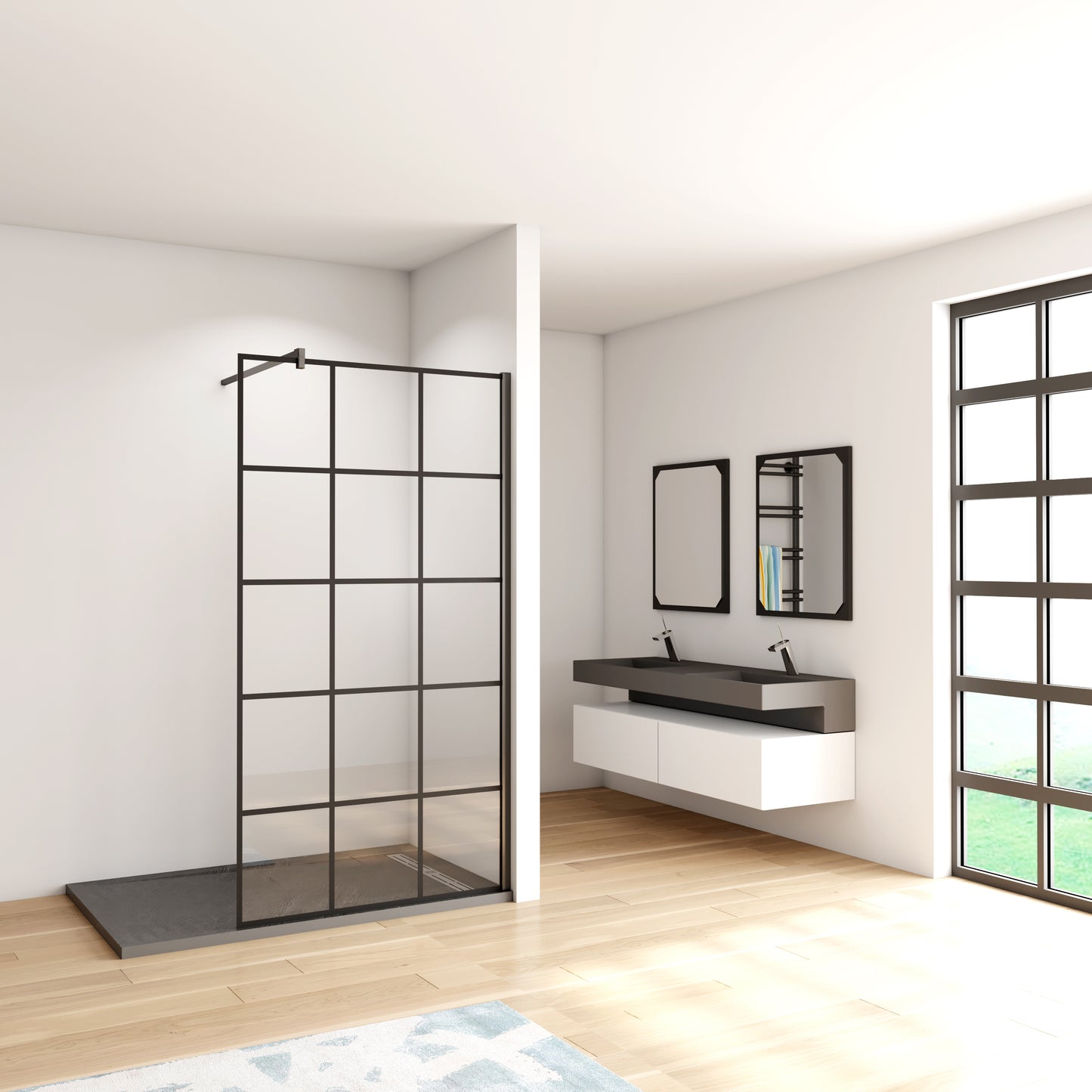 Aica Walk In Box Doccia Parete Fissa in Vetro Temperato 8 mm Anticalcare Serigrafato Nero con Riquadri Barra Stabilizzatrice Telaio Nero Opaco 100x200 Modello 2 - Lunga 90 cm Tagliabile