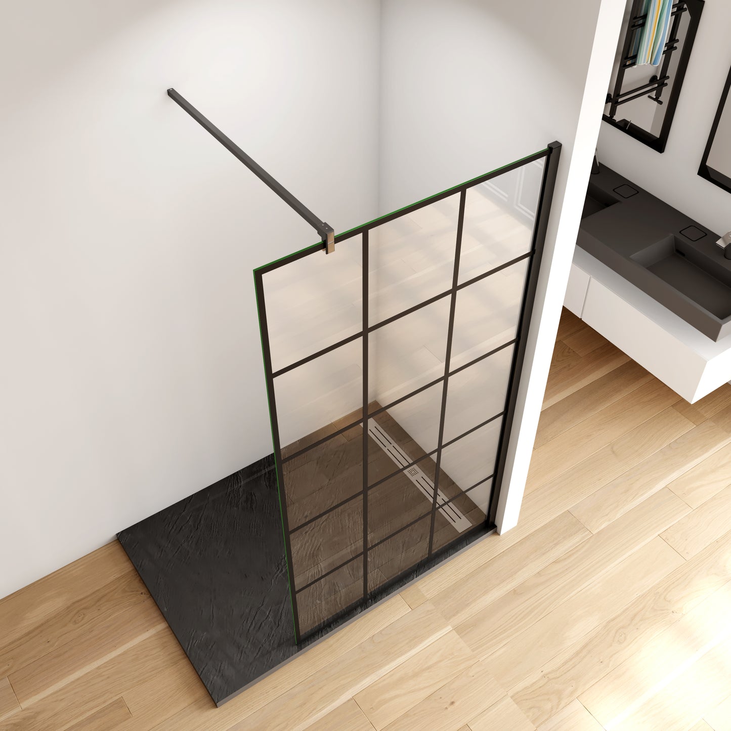 Aica Walk In Box Doccia Parete Fissa in Vetro Temperato 8 mm Anticalcare Serigrafato Nero con Riquadri Barra Stabilizzatrice Telaio Nero Opaco 110x200 Modello 2 - Lunga 90 cm Tagliabile