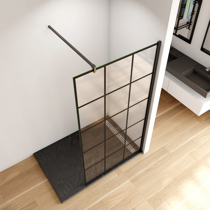 Aica Walk In Box Doccia Parete Fissa in Vetro Temperato 8 mm Anticalcare Serigrafato Nero con Riquadri Barra Stabilizzatrice Telaio Nero Opaco 110x200 Modello 2 - Lunga 90 cm Tagliabile