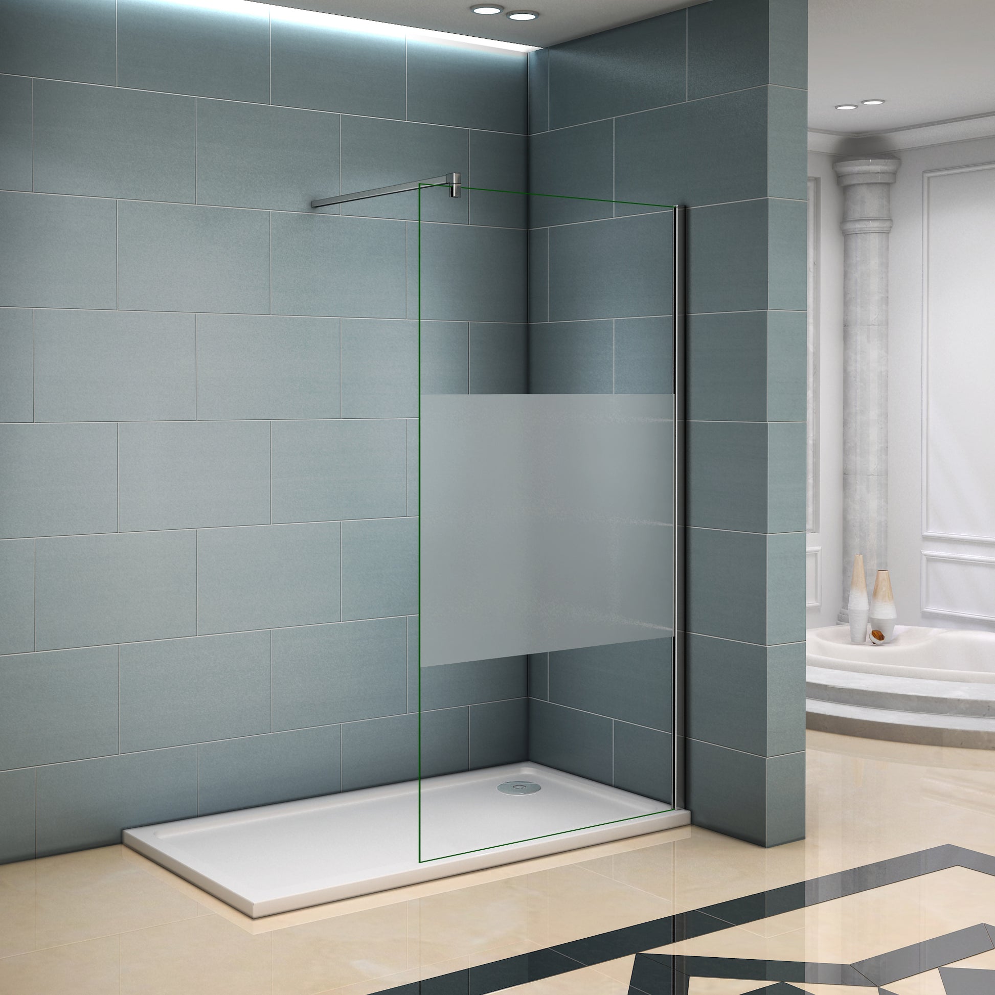 Aica Walk In Alta 200 cm Parete Per Doccia Vetro 8mm Temperato Fascia Centrale Opaca Anticalcare Barra Stabilizzatrice 90cm E Piatto Doccia 85