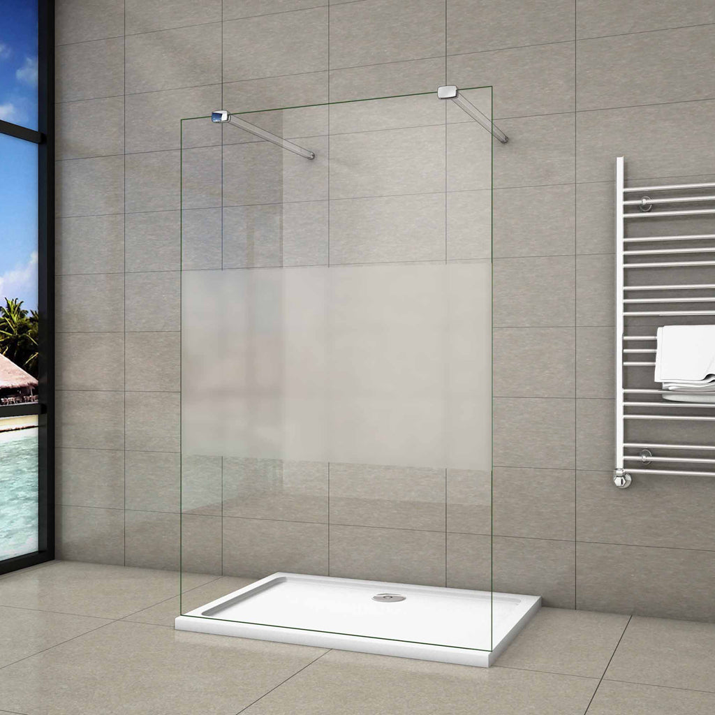 Aica 200 cm Walk In Parete Per Doccia in Vetro 8 mm Temperato Anti-frantumi Anticalcare Striscia Centrale Opaca con Doppia Barra Stabilizzatrice