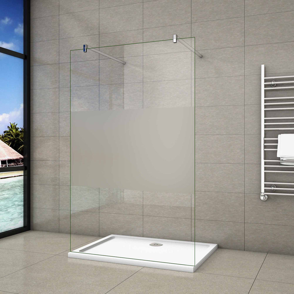 Aica 200 cm Walk In Parete Per Doccia in Vetro 8 mm Temperato Anti-frantumi Anticalcare Striscia Centrale Opaca con Doppia Barra Stabilizzatrice