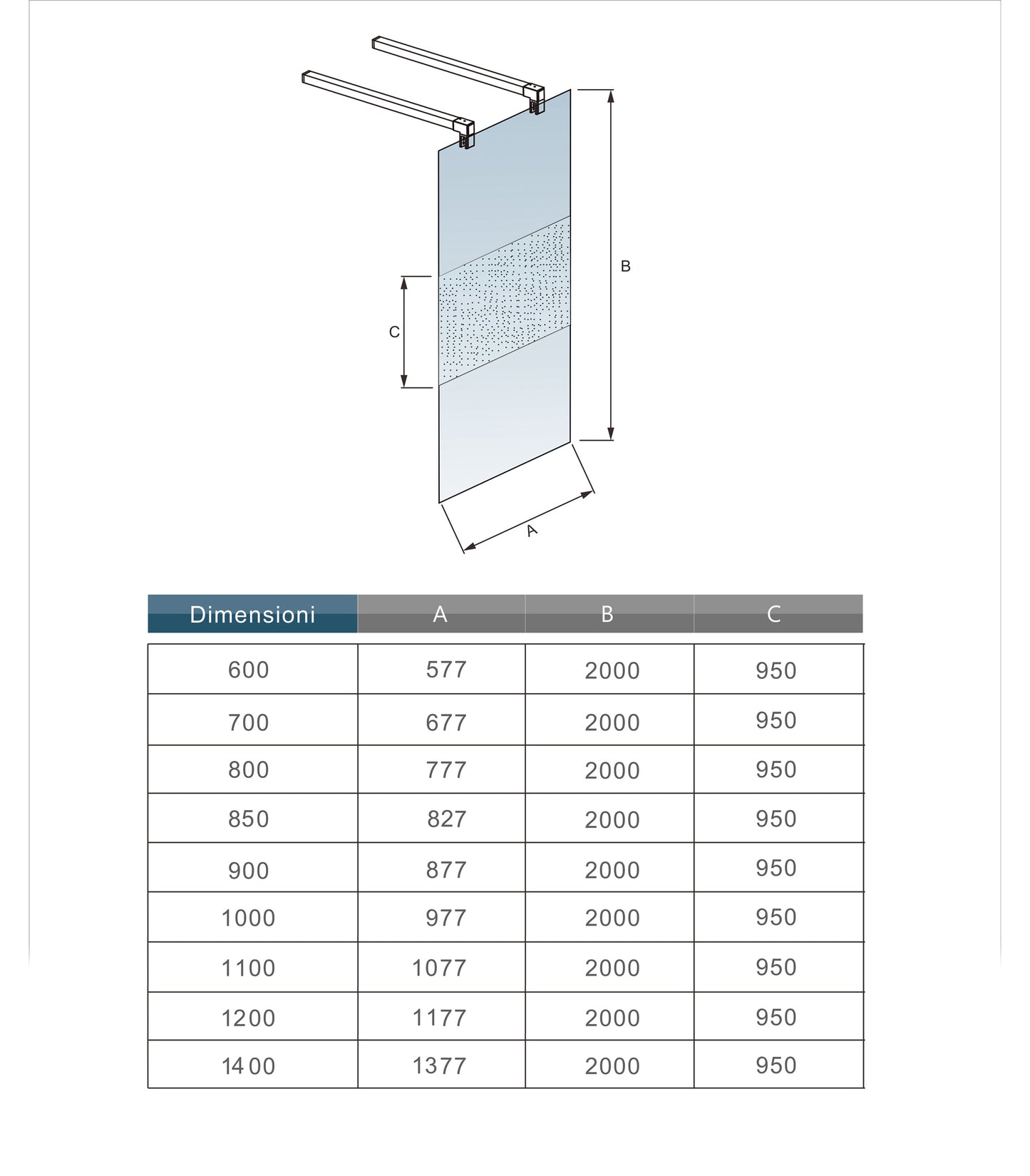 Aica 200 cm Walk In Parete Per Doccia in Vetro 8 mm Temperato Anti-frantumi Anticalcare Striscia Centrale Opaca con Doppia Barra Stabilizzatrice